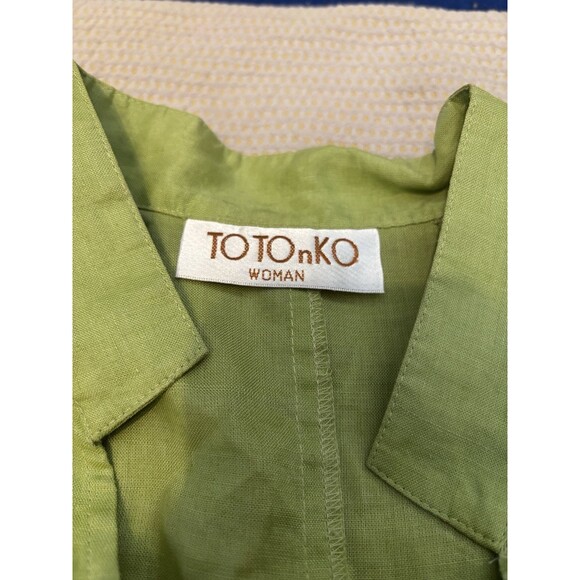 TOTOnKO Women XL 100% Linen Buttoned Long Sleeve Tunic Lime Green Summer Minimal - Picture 3 of 7
